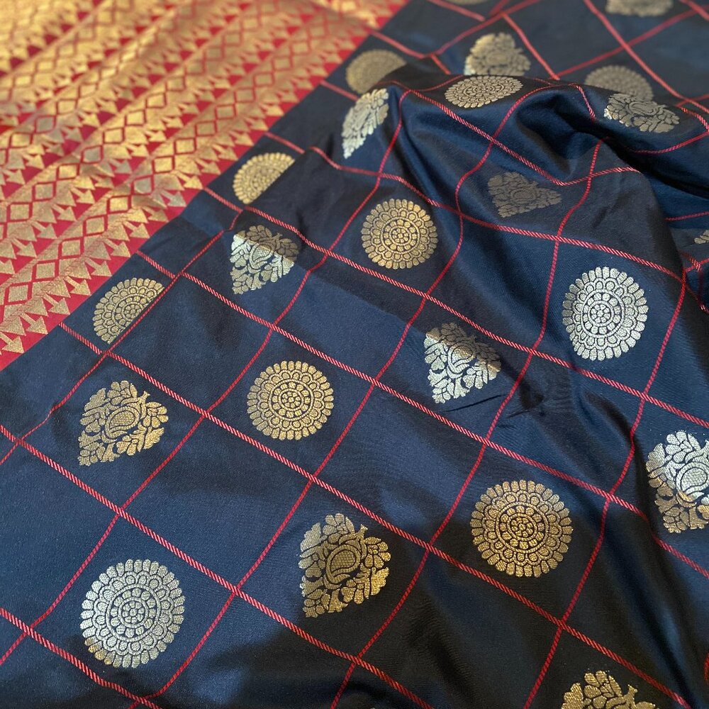Black with red check Indian traditional soft silk saree for women